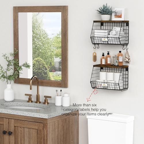 Goozii Hanging Wall Fruit Basket for Kitchen Counter 2 Pack, Stackable Wire Baskets for Organizing with Wood Lid, Potato and Onion Storage Bin with Banana Hook for Vegetable Produce, Black + Rustic - Image 4