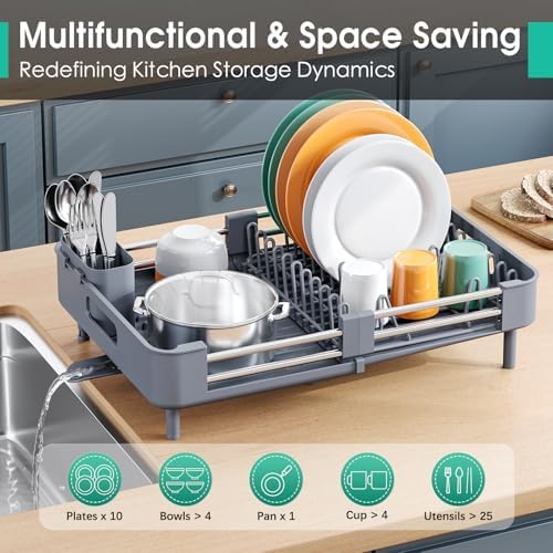 TOOLF Expandable Dish Drying Rack for Kitchen Counter, Standard, Grey - Image 3