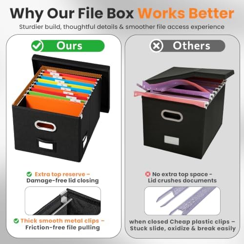 Hanging File Box with Lid & Metal Rails 16.7"x 13.6" x 11.2", Black - Image 5