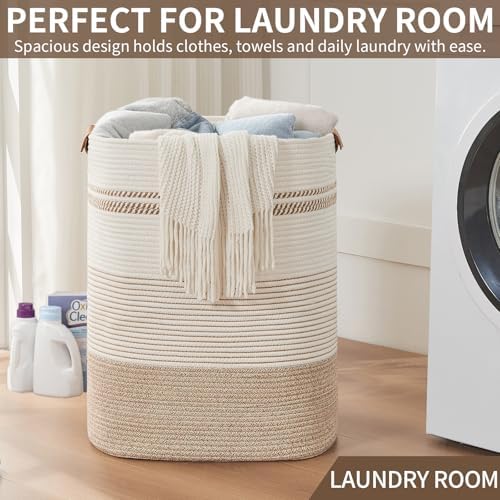 AINUOQI Laundry Basket with Handles - Blanket Basket & Hampers for Bedroom Aesthetic, Laundry Hamper & Blanket Storage for Living Room, Clothes Hamper, Tall, Large 17" x 14" x 22”, Light Brown & White - Image 5