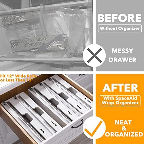 SpaceAid WrapNeat 2 in 1 Wrap Organizer with Cutter and Labels, Plastic Wrap, Aluminum Foil and Wax Bamboo Dispenser for Kitchen Storage Organization Holder for 12" Roll (White) - Image 2