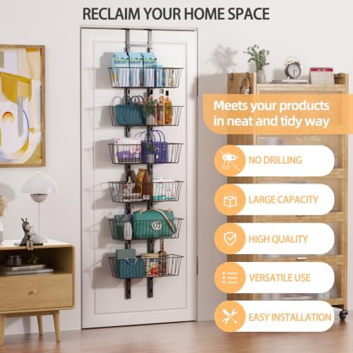 6-Tier Over The Door Organizer Metal Spice Rack Hanging Storage Pantry Organizer with Adjustable 6 Baskets, Space-Saving Behind Door Shelf for Kitchen, Bathroom, Laundry Room, Black - Image 2