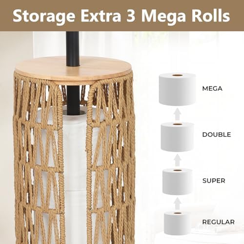 Trongee Freestanding Toilet Paper Holder with Storage,3 Rolls of Boho Toilet Paper Holder Stand with Lid,Gold Toilet Tissue Holder Stand Rattan Paper Storage Wicker Toilet Roll Holder Basket - Image 3