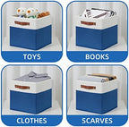 Temary 11 Storage Cube Bins for Shelves, Closet - 4 Pack Fabric Baskets With Leather Handles (White & Blue) - Image 4