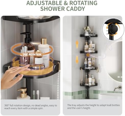 360° Rotating Tension Pole Caddy – 4-Tier Corner Shower Organizer, Height Adjustable 33"–124", Space-Saving for Bathroom, Kitchen Counter, Cabinet Gaps & Bathtub (black) - Image 6