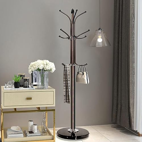 Kertnic Freestanding Coat Rack Stand, Heavy Duty Metal Hall Tree with 12 Hooks, 70 Inch Tall Stable Coat Hanger with 14.6" Natural Marble Base, Entryway Organizer for Coats Bags Hats Purses (Bronze) - Image 2