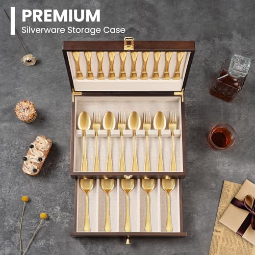 Silverware Storage Box, 2-Layer Flatware Storage Case with Drawer, Wooden Silverware Chest with Linen Liner, Rustic Silverware Case for Storing Fine Flatware and Utensils (Walnut) - Image 6