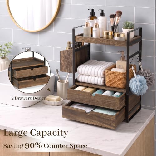 2-Tier Bathroom Counter Organizer with 2 Drawers, Basket and Hooks, Wood Bathroom Organizers and Storage for Countertop, Farmhouse Bathroom Countertop Organizer for Vanity, Kitchen, Coffee Bar, Office - Image 4
