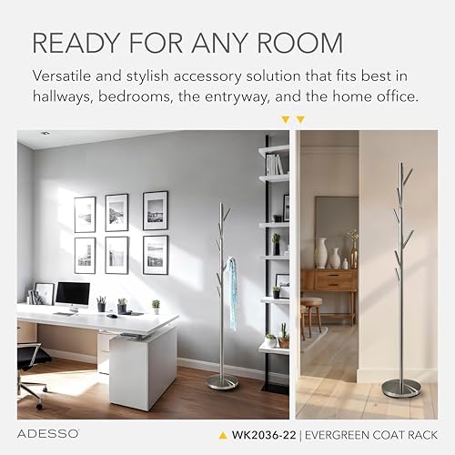 Adesso Coat Rack, Brushed Steel, 6 Hooks, Space-Saving, 67" - Image 3