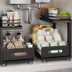Under Sink Organizer Upgrade To Professional Rails,2-Tier Dual Pull Out Cabinet Storage,Height Adjustable Slide Out Drawers For Bathroom Kitchen,2 Pack-14.5" Dx12.8-16.9" H,Black by UnderSinkOrganizer