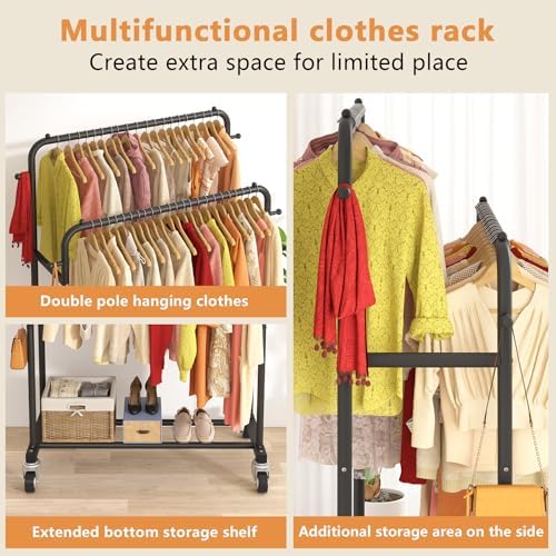Laiensia Double Rods Garment Rack with Wheels, Clothing Rack for Hanging Clothes,4 Hooks, Multi-functional Bedroom Clothes Rack, Black - Image 4