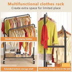Laiensia Double Rods Garment Rack with Wheels, Clothing Rack for Hanging Clothes,4 Hooks, Multi-functional Bedroom Clothes Rack, Black - Image 4