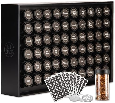 AllSpice Spice Rack Organizer, Wood, 525 Unique Labels, Countertop or Wall Mount, Includes 60 4oz Jars- Matte Black by AllSpice