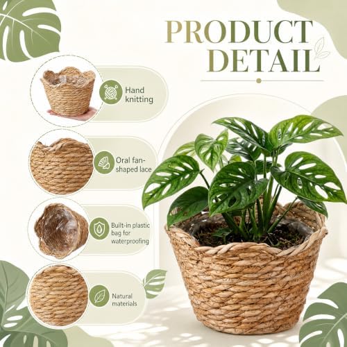 4 Pack Seagrass Woven Plant Basket with Waterproof Plastic Liner, Wicker Straw Storage Basket for Indoor Outdoor Plants, Laundry Organizer (6.3" x 5.51" x 5.12") - Image 3