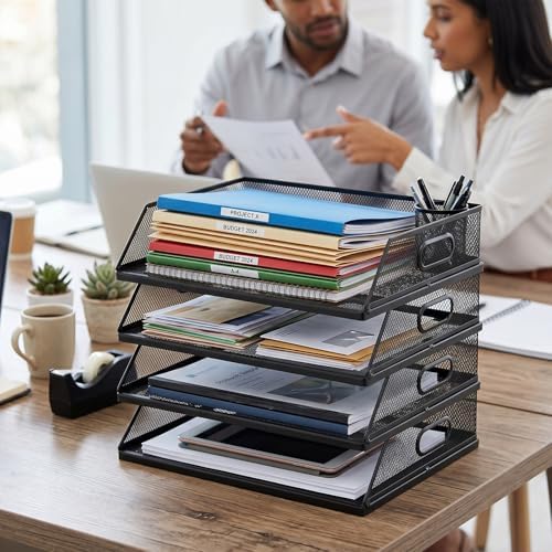 4 Pcs Stackable Letter Tray Metal Paper Tray Desk Organizer, Black - Image 6