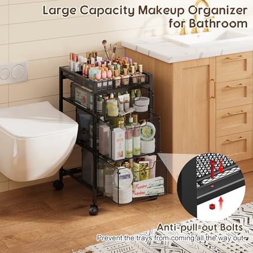 JKsmart Rolling Makeup Cart Organizer with 3 Drawers, Cosmetics Display with Dividers, Floor Skincare Storage with Wheels, Versatile Vanity Organizer for Nail Polish Perfume Brush Hair Tool, Black - Image 6