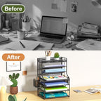 7 Tier Desk File Organizer, Black Metal Letter Tray Paper Organizer with Pull-Out Drawer, Removable Pen Holder & Hanging Basket, Vertical Desktop File Holder for Home Office, Classroom - Image 4