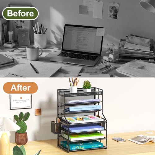7 Tier Desk File Organizer, Black Metal Letter Tray Paper Organizer with Pull-Out Drawer, Removable Pen Holder & Hanging Basket, Vertical Desktop File Holder for Home Office, Classroom - Image 4