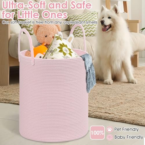 Large Woven Laundry Basket Hamper,100L Cotton Rope Storage Bin for Blankets,Toys and Clothes,Decorative Tall Nursery Hamper for Living Room,Baby Nursery,Bathroom and Bedroom,(Pink, XX Large) - Image 6