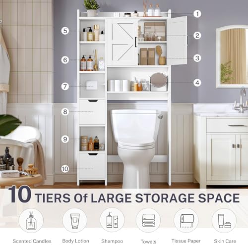 TEENFON Over the Toilet Storage Cabinet with 2 Removable Drawers, Above Toilet Storage Cabinet with 10 Storage Shelves, Taller Wooden Free Standing Bathroom Storage, Laundry Room Storage Shelf, White - Image 6
