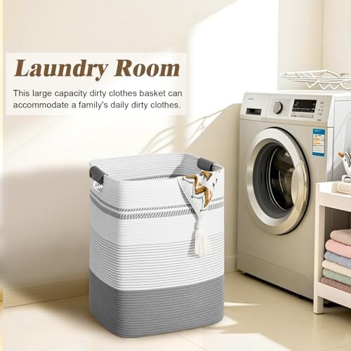 Laundry Hamper, 85L Tall Laundry Basket with Leather Handles, Rectangle Large Clothes Hamper for Organizing, Cotton Woven Laundry Baskets Storage Hampers for Bedroom, Nursery, Living Room - Image 4
