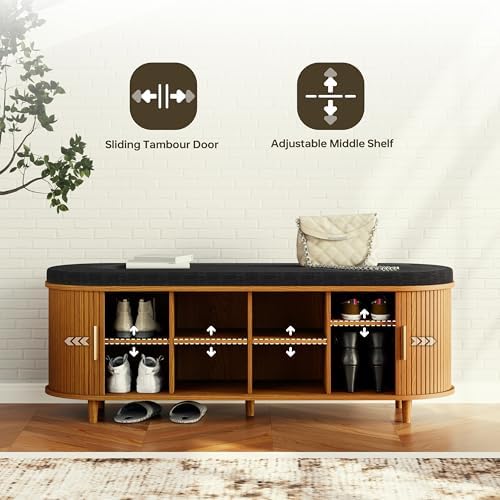 DHH 2-Tier Storage Bench,Wide Shoe Bench with Thickened Padded Seat Cushion, Mid Century Modern Fluted Sliding Door and Adjustable Shelf, for Entryway, Living Room, Bedroom (Yellow Walnut, 51.2”) - Image 4
