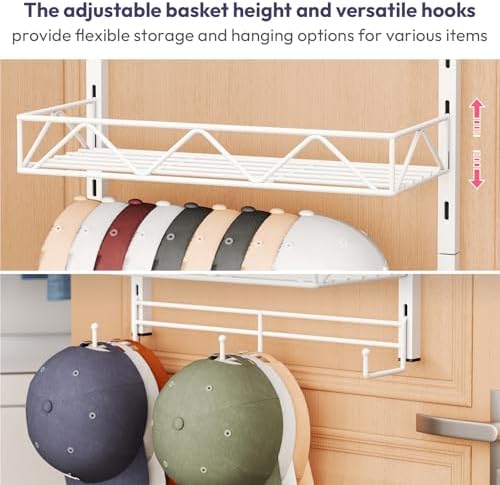 SWTYMIKI Over Door Hat Organizer - 5 Tier Wall Mounted Hat Rack with 4 Adjustable Metal Basket and 3 Hooks, Hanging Baseball Cap Organizer Storage Holds up to 49 Caps for Door, Bedroom, Closet - Image 6