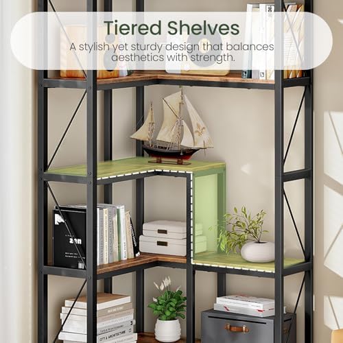 CHOEZON Corner Bookshelf, 5-Tier L-Shaped Bookcase, Corner Shelf with Metal Frame, Industrial Tall Display Shelf, for Living Room, Home Office, Bedroom, Rustic Brown TSJ12BF - Image 5