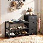 YATINEY Entryway Bench with Shoe Storage, 3-Tier Shoe Rack Bench with Wooden Shelves and 3 Non-Woven Drawers, PU Padded Shoe Storage Bench for Entryway, Bedroom, Black HX07BB - Image 2