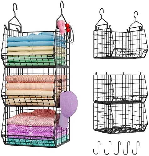 X-cosrack 3-Tier Hanging Closet Organizer, Laundry Room Organization | Space Saving Shelves with 1.65" Hook & 5 S-Hooks | Hanging Wire Baskets (12.4" W x 8.8" H x 10.24-11.8" D) by X-cosrack
