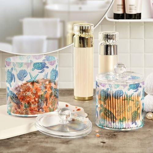 Line Art Turtles Starfish and Coral Qtip Holder Waterproof Dustproof Apothecary Jars with Lids For Bathroom Cotton Swabs Makeup Sponges Floss Picks Bath Salts 2 Pack - Image 4