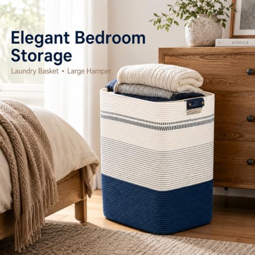 Laundry Hamper, Cotton Rope Laundry Basket with Leather Handles, 22.5-Gallon/85 L Large Clothes Hampers for Laundry, Woven Laundry Baskets for Blankets, Clothing, Bedroom, Living Room, Nursery - Image 2