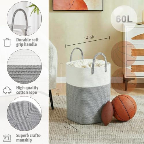 Laundry Basket,Woven Cotton Rope Laundry Hamper,Versatile Storage for Dirty Clothes,Baby Toys,and Blankets in Bathroom, Nursery,and Living Room (Grey, 60L) - Image 2