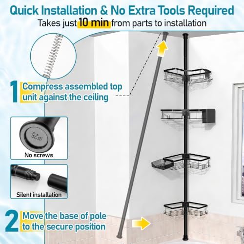 Shower Corner Caddy Organizer for Bathroom, 4-Tier Adjustable Shelves with Tension Pole, No Drilling Shower Rack with Holders for Toothbrush, Soap and Razor, 34 to 125 Inch Height - Image 5