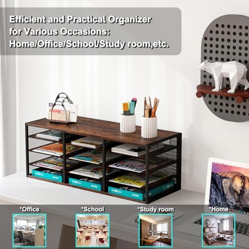 Mail Sorter Adjustable Holder, Countertop Literature Organizer, Student Mailbox for Classroom, Desktop Bill Paper Organizer for Office Home School, 12 Compartments, Brown - Image 6
