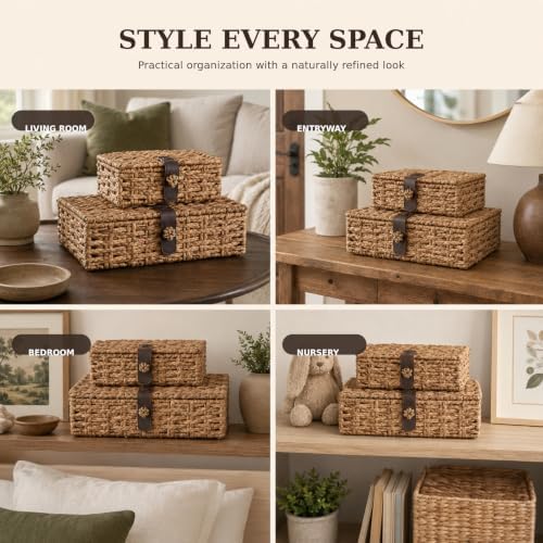Seagrass Storage Basket with Lids, Set of 2 Wicker Storage Boxes, Natural - Image 6