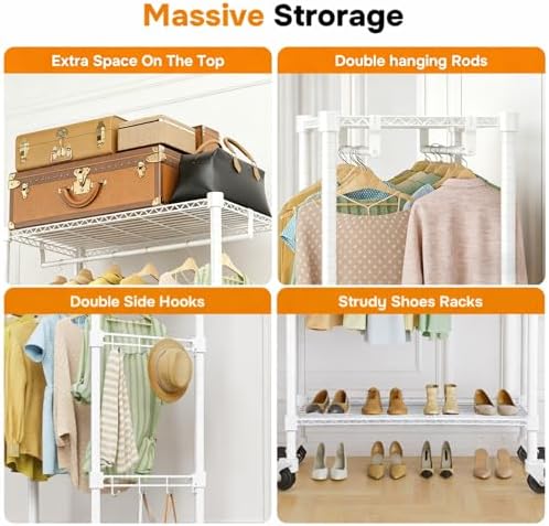 Simple Deluxe Rolling Clothes Rack, Heavy Duty Clothing Rack, 3-Shelf Portable Adjustable Wardrobe Closet with Wheels, Hanging Rods & Side Hooks, 43.3" W x 17.7" D x 80.3" H, White - Image 3