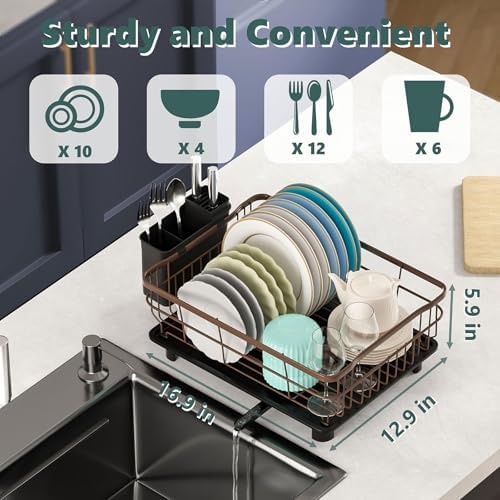 AIDERLY Metal Dish Drying Rack Automatic Drainage, Brown, Large - Image 6