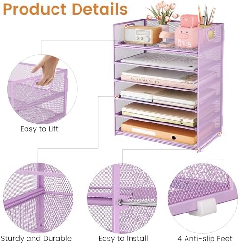 Subekyu 6 Tier Paper File Tray Organizer for Desk, Purple Mesh Desk Letter Paper File Folder Accessories Sorter Organizer with Handle, Stackable Slide Tray for Office, Home or School Supplies Storage - Image 5