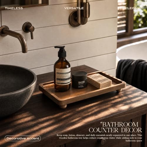 Pine Wood Farmhouse Bathroom Tray for Kitchen Counter, Vanity, Sink, Brown - Image 3