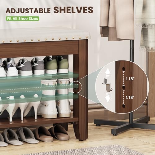 Shoe Bench for Entryway, Solid Rubberwood Shoe Bench with Hidden Storage, Adjustable 2-Tier Shelves & Soft PU Leather Seat, Shoe Rack Durable Easy Assembly for Hallway or Bedroom - Beige, 23.6" - Image 6