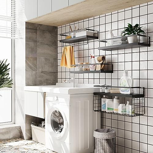 Black Wood Floating Shelves Wall Mounted - 3+1 Tier Rustic Bathroom Wall Shelves Over Toilet with Wire Storage Basket and Towel Bar, set of 4 Farmhouse Floating Shelf for Bathroom, Kitchen, Bedroom. - Image 4
