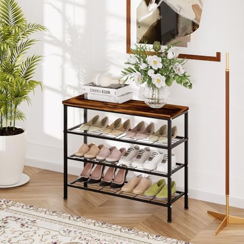 4-Tier Metal Shoe Rack with Wood Top - Durable & Space-Saving Shoe Organizer,Industrial Shoe Organizer Shelf Bench Storagefor Closet Entryway, Bedroom & Hallway - Bronze+Black 28.5 W × 25.5" H - Image 2