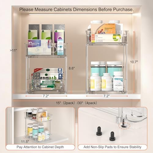 Delamu 2 Tier Under Sink Organizer Bathroom, Bathroom Cabinet Organizer with Snap-Lock Design and Hooks, Pull Out Storage with Movable Dividers, for Countertop, Kitchen and Pantry (Clear, 4 Pack) - Image 4