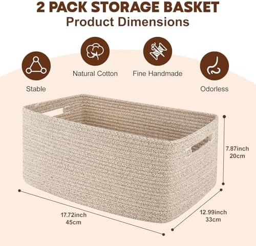OIAHOMY Storage Basket for Shelves, Closet Cube Storage Bins Baskets for Clothes Blanket Towels, Baby Nursery, Toy Baskets Box, Woven Rope Basket, 17.72 * 12.99 * 7.87 IN, 2 Packs Brown - Image 2