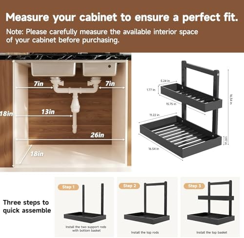 Under Sink Organizer - 2 Tier Pull Out Cabinet Shelves with Adjustable Height, Undersink Storage Slide Out for Kitchen Bathroom Cabinet Pantry Black - Image 2