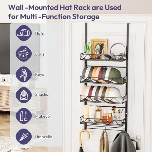 SWTYMIKI Over Door Hat Organizer - 5 Tier Wall Mounted Hat Rack with 4 Adjustable Metal Basket and 3 Hooks, Hanging Baseball Cap Organizer Storage Holds up to 49 Caps for Door, Bedroom, Closet - Image 4