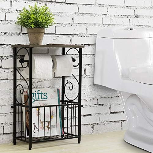 MyGift Toilet Paper Holder Stand with Magazine Rack, Gray Wood Shelf - Image 3