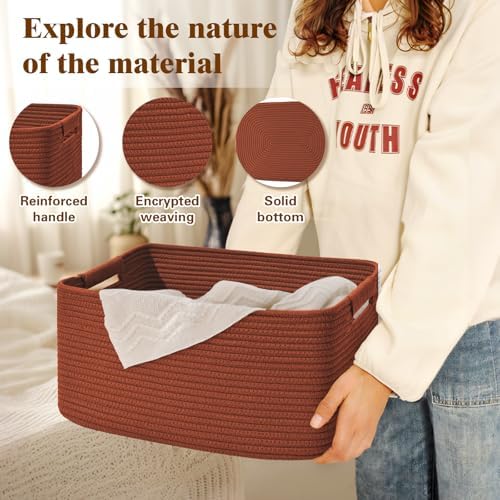 2 Pack Large Storage Basket for Organizing, 17.5"x13"x7" Woven Basket for Shelves, Closet Cube Storage Bins with Wrapped Handle, Cotton Rope Baskets for Kitchen, Clothes, Toys(Oxide Red) - Image 4