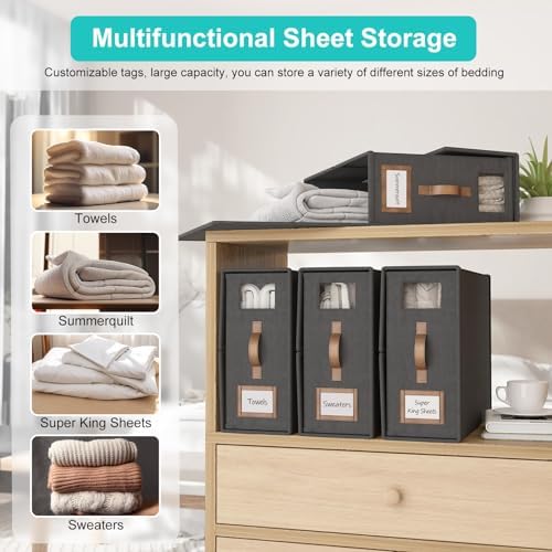6 Pack Foldable Bed Sheets Set Organizers and Storage(Cal King Size),Linen Fabric Closet Organizers with Window,Folding Bedding Storage Box for Bedsheets and Pillow Cube Organizer-Black - Image 2